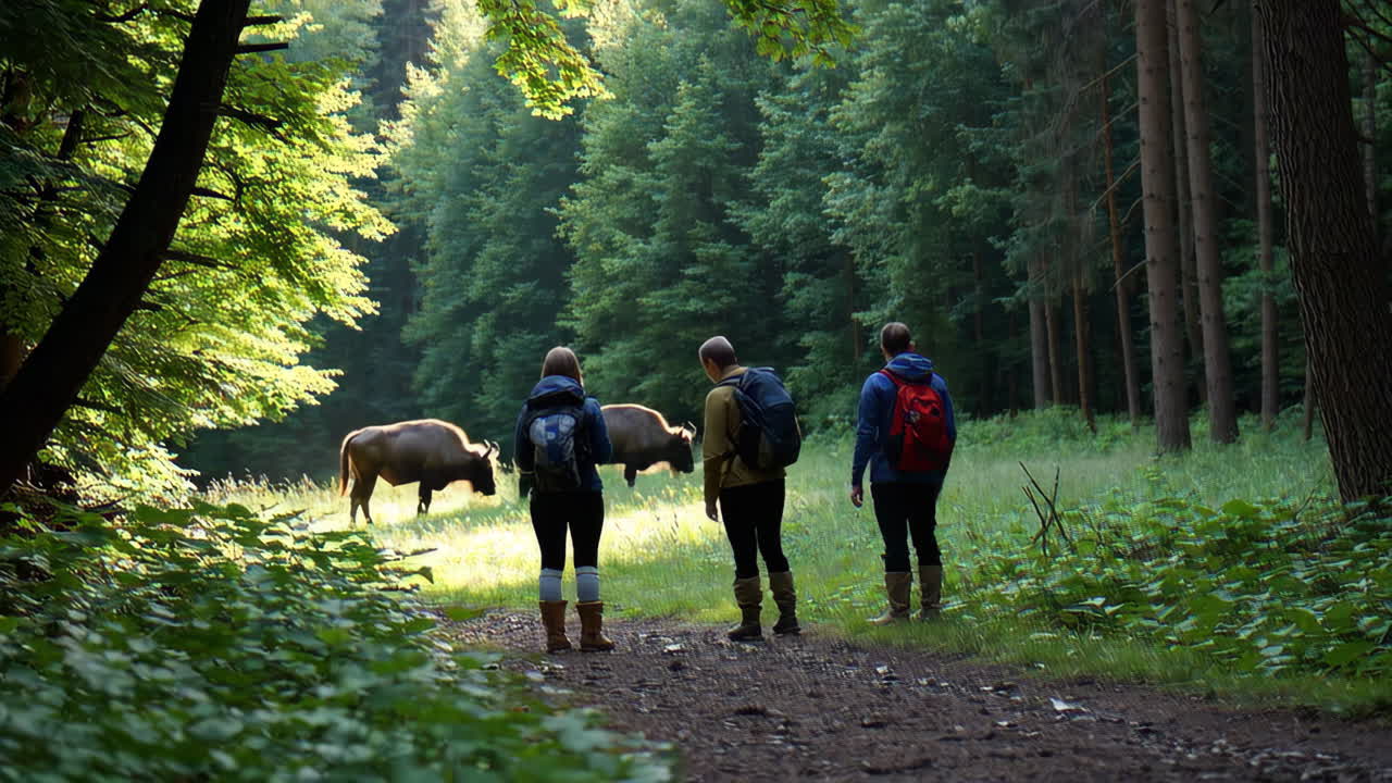 Escursionisti e bisonti in una foresta
