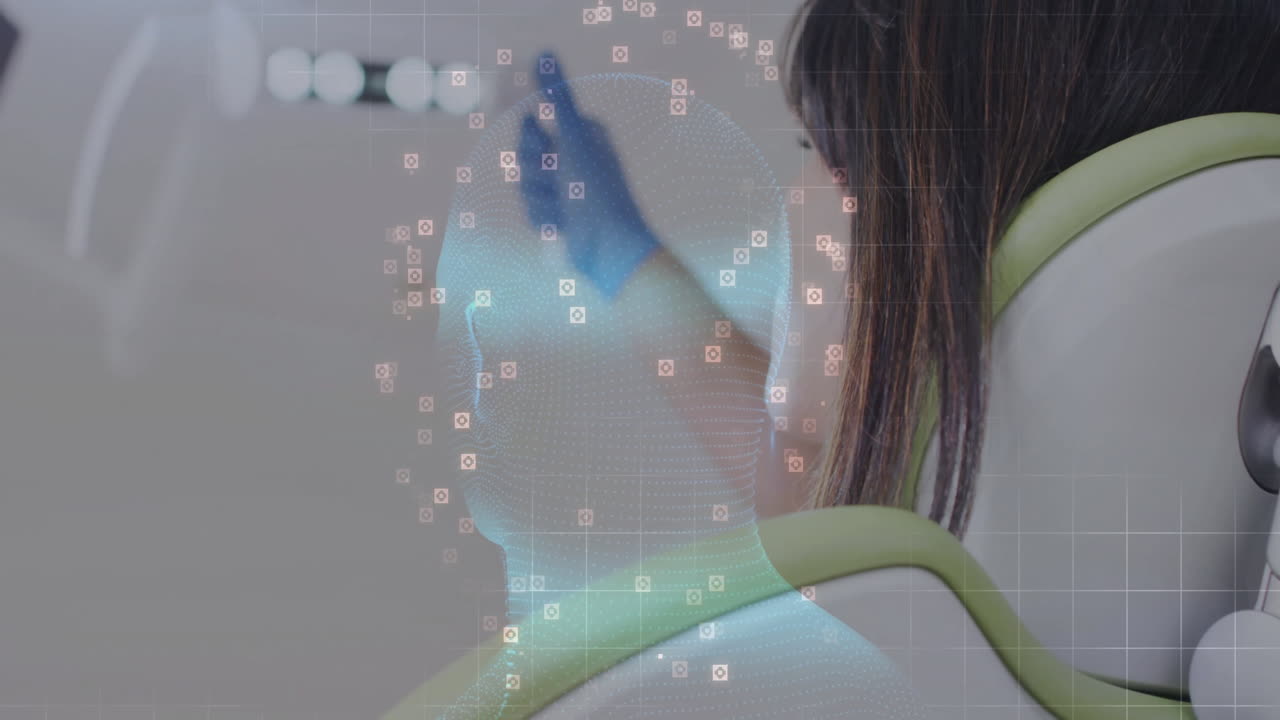 In school, animation of digital head model with data points in dental chair