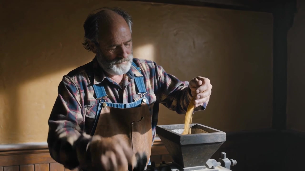 Ein älterer Mann hält Getreide, schüttet es in den Trichter einer Mühle in seiner Werkstatt, trägt eine Schürze und dreht eine Kurbel zum Mahlen.