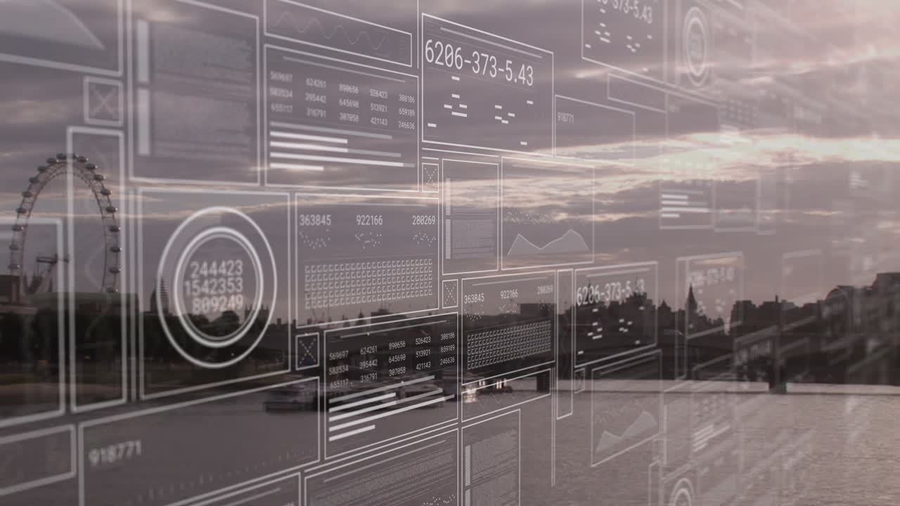 Animation of financial data processing over london cityscape