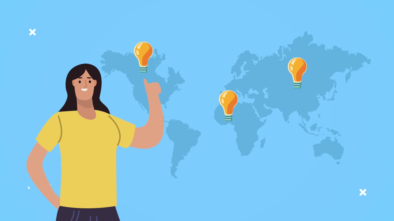 trabajadora con bombillas en mapas de planetas de la tierra