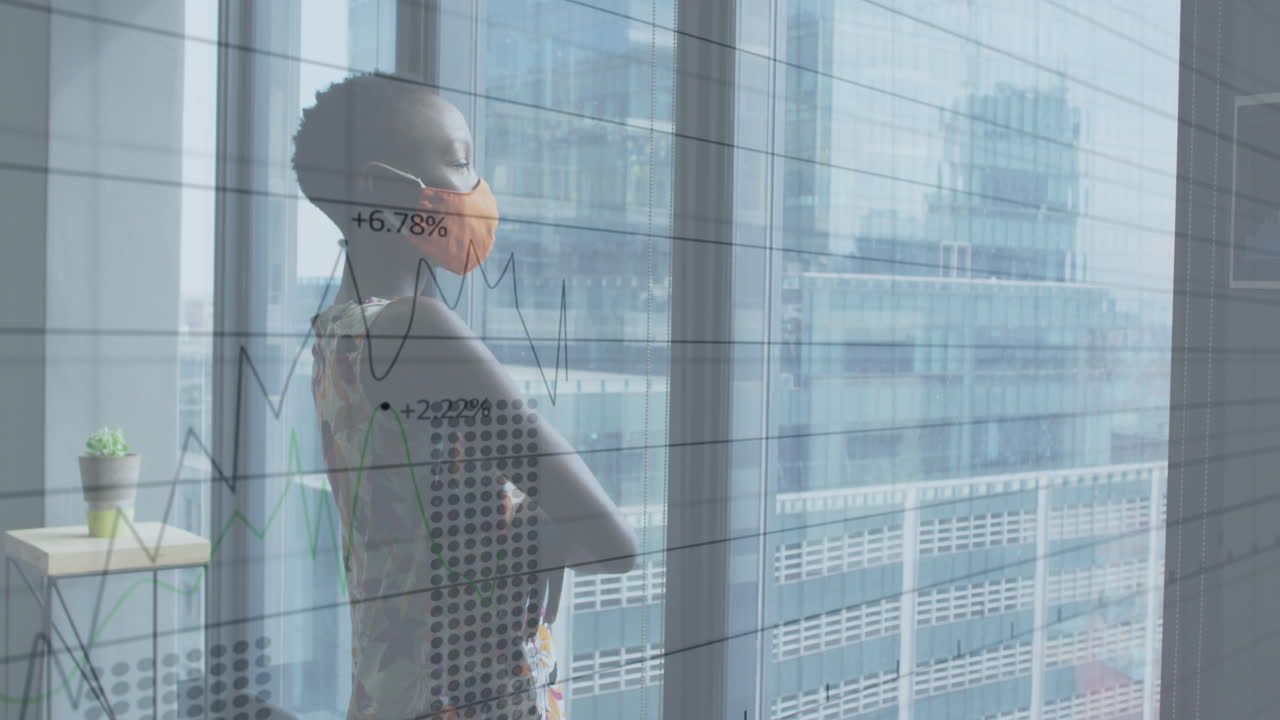 사무실에서 얼굴 마스크를 착용한 사업가 여성에 대한 금융 데이터 처리 애니메이션