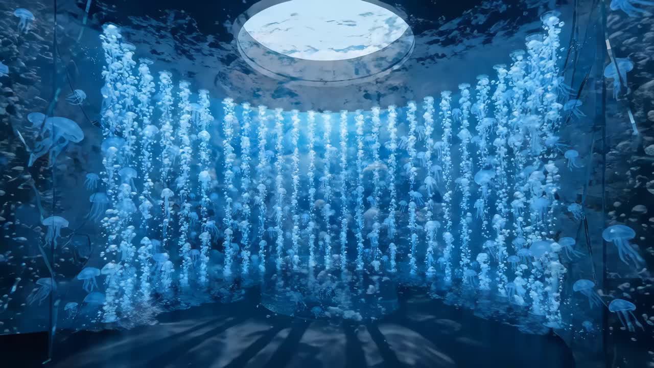 呈現發光水母和氣泡的沉浸式數碼藝術裝置