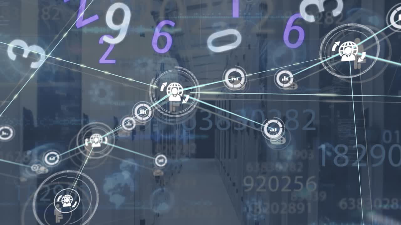 Animation of numbers, network of connections with icons over computer servers