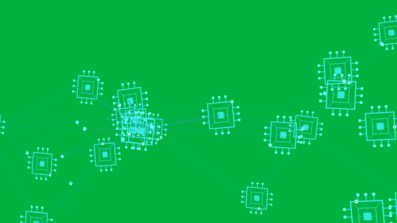 Cyan cluster jittering, sending diamonds along links to nodes, showing flow on transparent plane