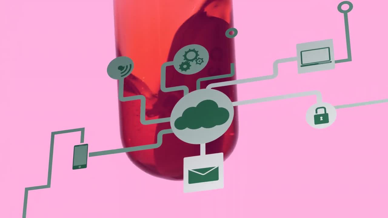 animación de dispositivos tecnológicos conexiones sobre una muestra de sangre humana en fondo rosa