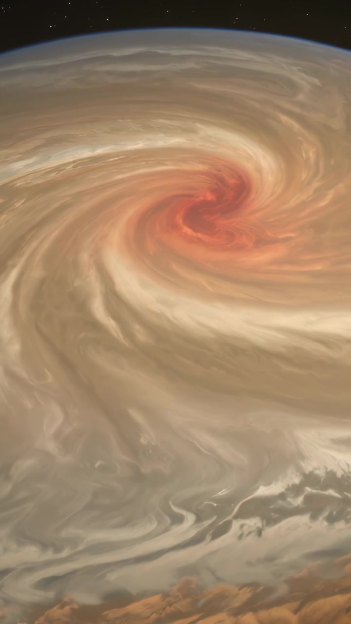 Vertical video: Rotating spiral storm being pushed by winds near planet's limb, showing starfield