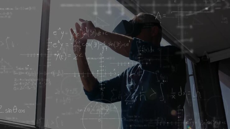 Man using a VR helmet with calculations on the foreground