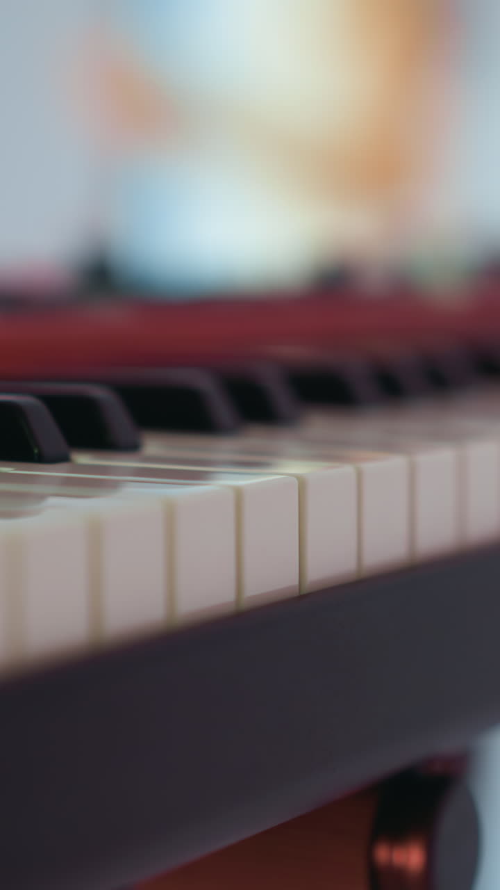 una vista en primer plano de un teclado de piano de muestreo contra un fondo borroso. la imagen se centra en las teclas, mostrando el diseño del instrumento