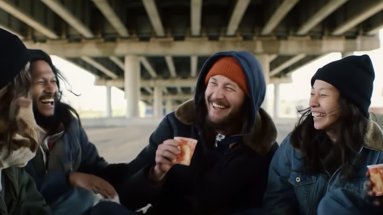A group of friends gathers under a large overpass, sharing warm drinks and laughter. They enjoy their time together while dressed in cozy layers, making the most of a chilly day.