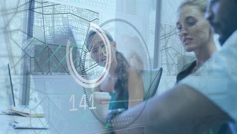 animación de la interfaz con el procesamiento de datos sobre diversos colegas discutiendo sobre la computadora portátil en la oficina