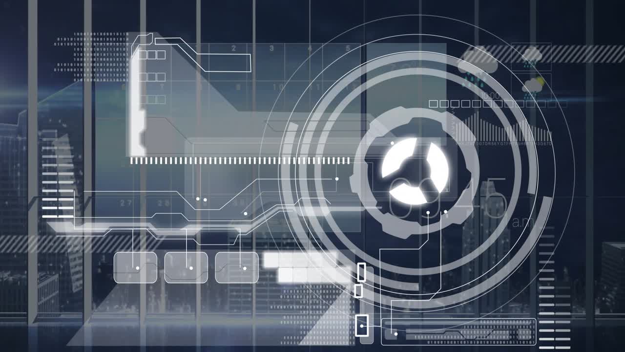 Futuristic digital interface with data processing and geometric shapes over cityscape