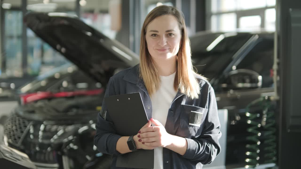 gerente femenina discutiendo la reparación de vehículos con el mecánico en el taller de reparación de automóviles