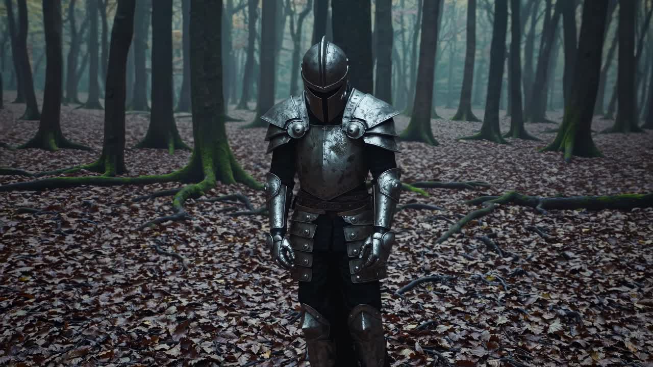 Knight in Medieval Armor in a Foggy Forest