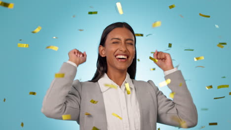 Business,-confetti-and-woman-with-celebration