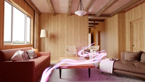 warm wood-paneled living room with ethereal light traces