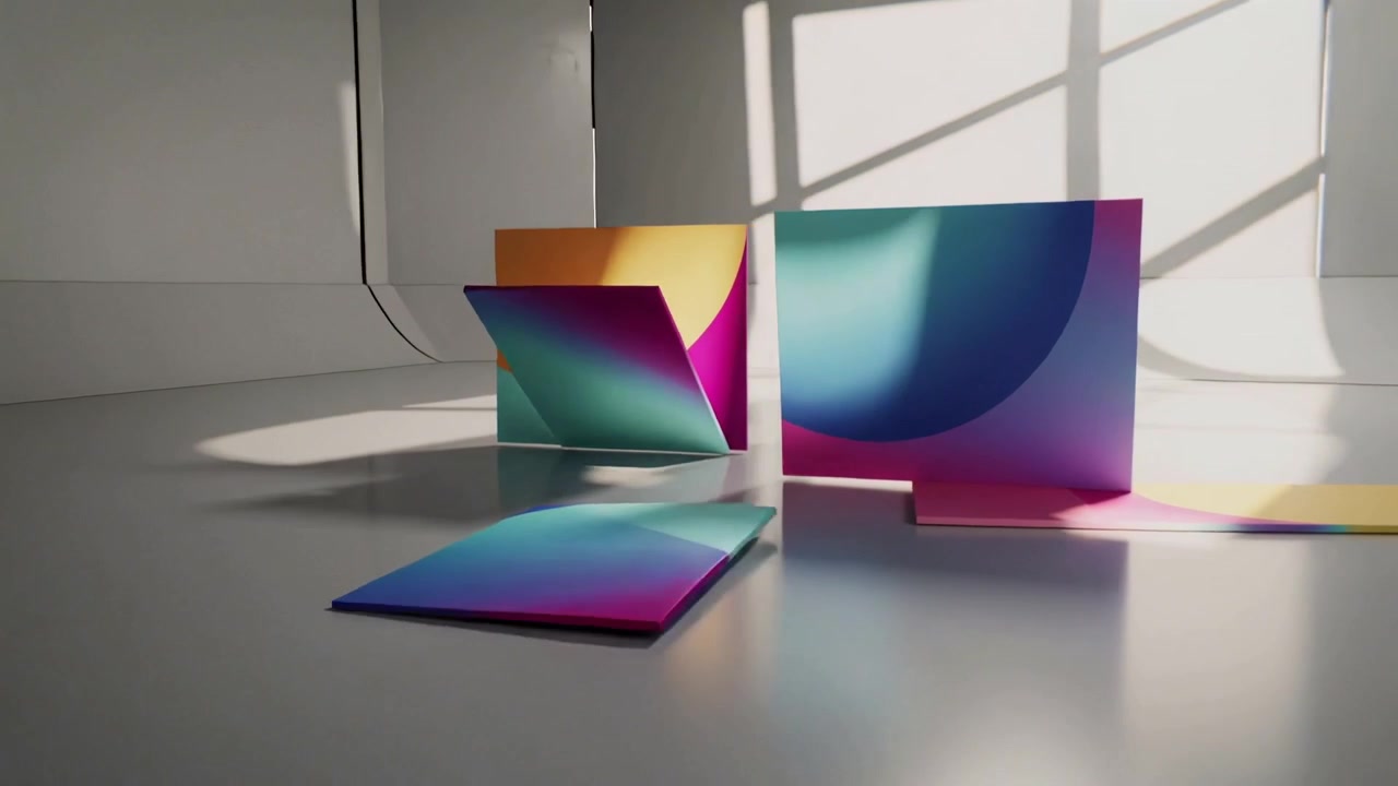 Carrello da ripresa che spinge pannelli colorati, nastro che si srotola sul pavimento, mostrando stampe e l'ombra di una finestra