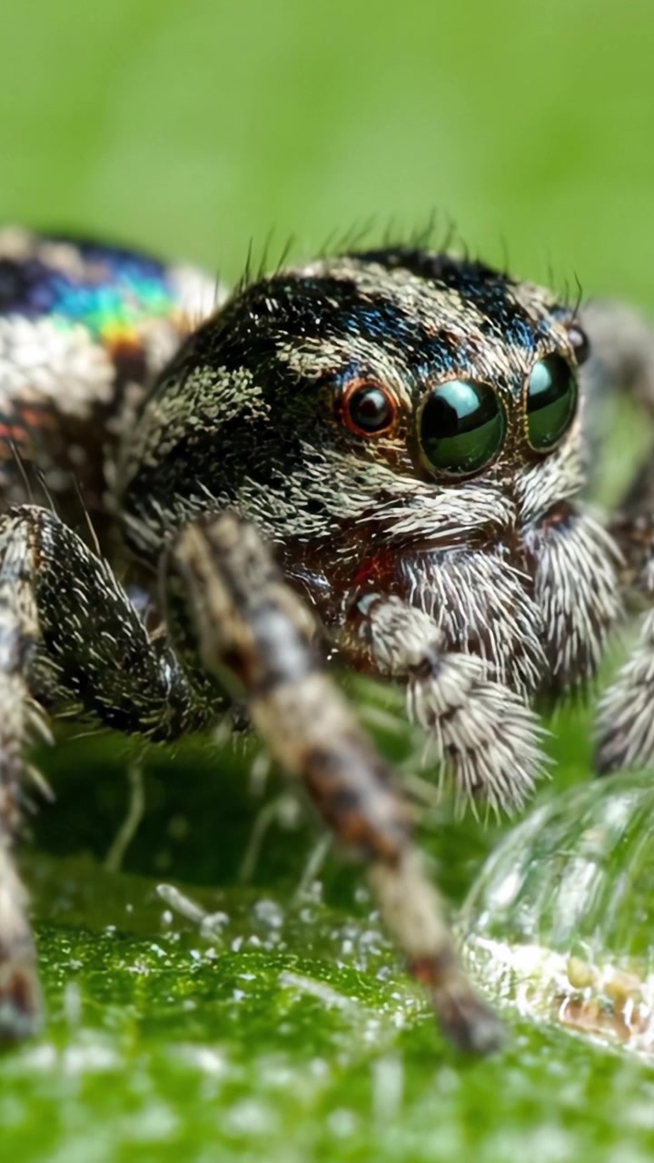 Esame ravvicinato di un ragno saltatore colorato che mostra le sue caratteristiche e trame distintive su una foglia, evidenziando l'intricata bellezza delle creature in miniatura della natura.