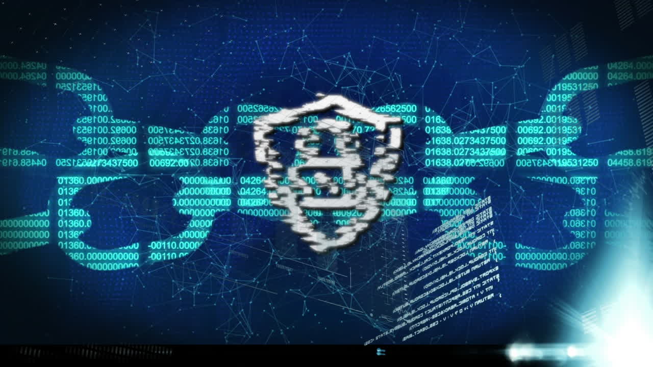 animación de la interfaz hud con blockchains, escudo y gráficos con puntos que interconectan líneas