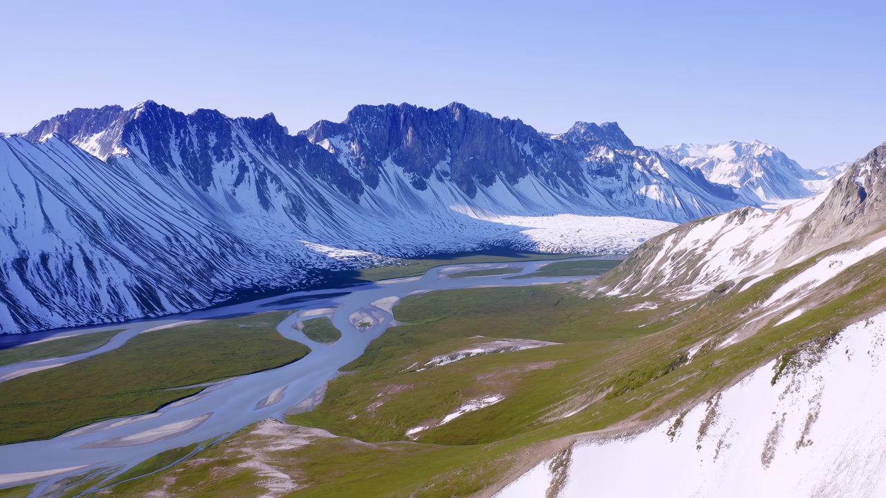 Aerial Alpine Valley With Glacier River Winding Through Snow Dusted Slopes And Green Meadow Patches