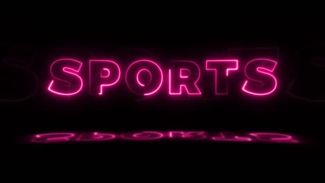 word 'sports' neon glowing on a black background with reflections on a floor. neon glow signs in seamless loop motion graphic