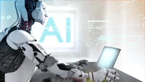 high quality 3d cgi render of an artificial intelligence humaniod robot at a laptop computer in a virtual ai environment with data and equations floating around him - orange and teal color scheme