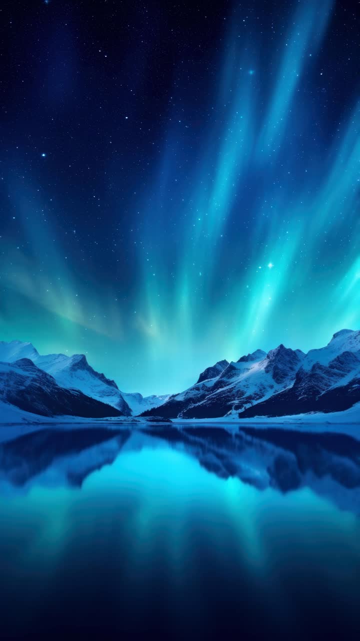 Stunning wide-angle video concept of aurora over mountains, reflecting in a serene lake