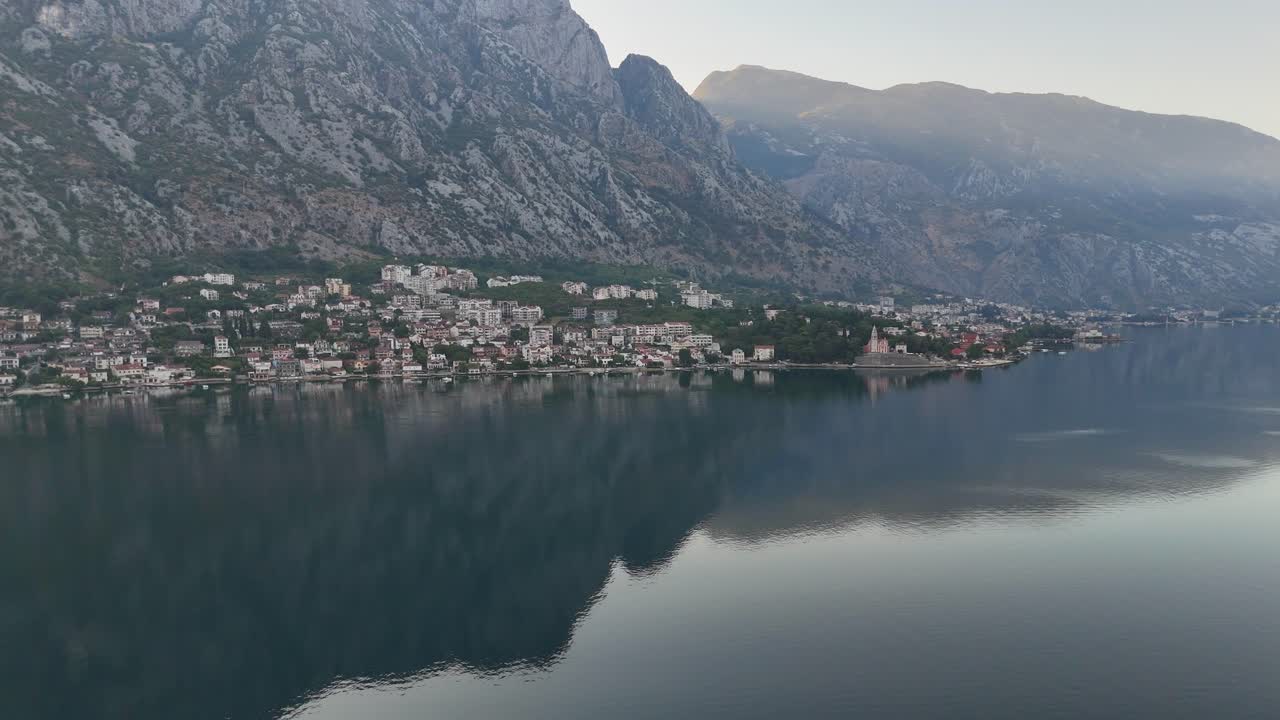 Aerial drone view bay of kotor old coastal town city montenegro balkan country balkans Adriatic Sea