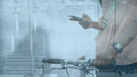 animation of man using smartphone over cityscape