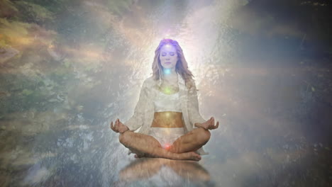 animation of glowing light over woman practicing yoga against trees in background