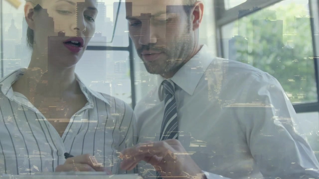 Woman stepping in man pointing woman marking clipboard to finish office review with skyline overlay
