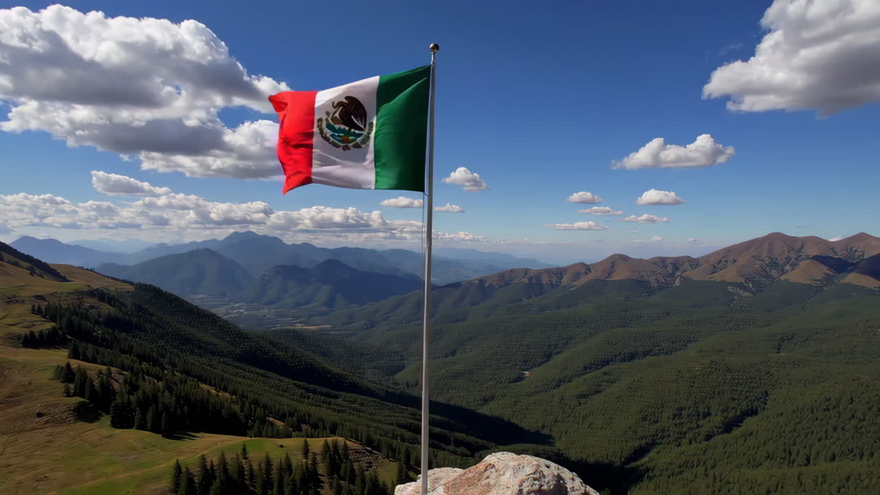 Mexican Flag Flying High Above Mountain Range