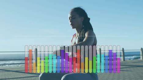 animación de un gráfico colorido sobre una mujer haciendo ejercicio en un paseo marítimo