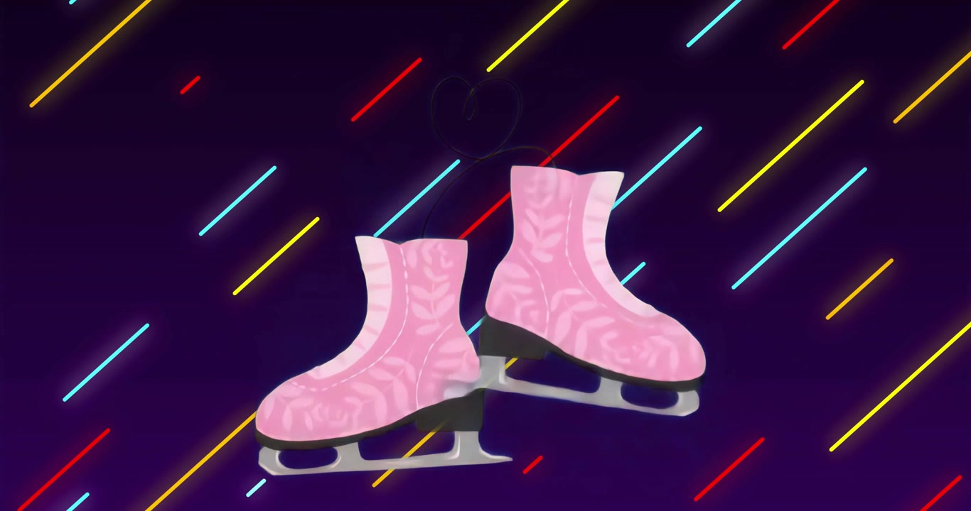 Skates fading in over neon streaks, swaying before settling upright to create floating effect