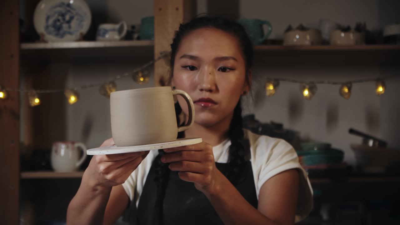 joven alfarera tratando en un mango de arcilla húmeda a una copa y mirándolo