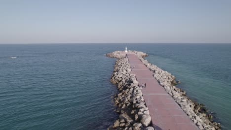 Aerial-shot-of-people-walking-on-the-breakwater