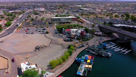 a side view aerial shot of the shops, bars, and restaurants on the canal in lake havasu arizona