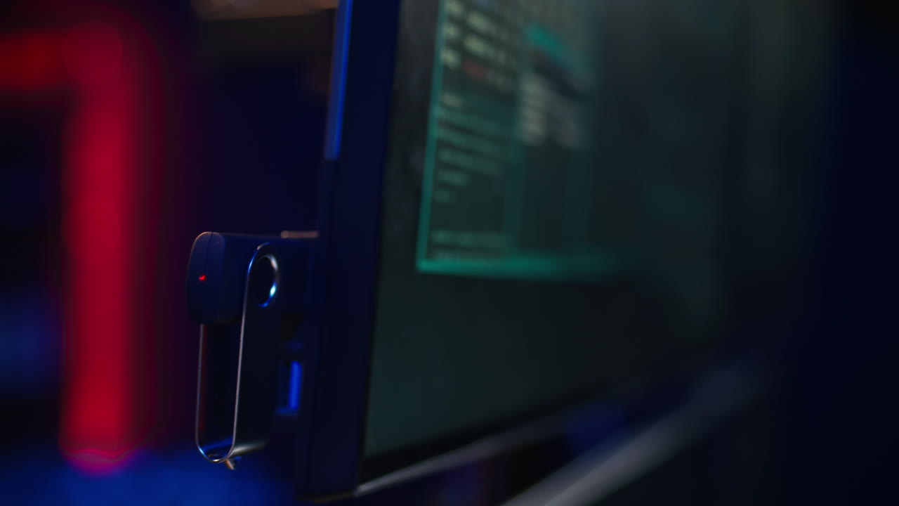 hacker insertando una tarjeta usb en la computadora después de conseguir robar datos confidenciales