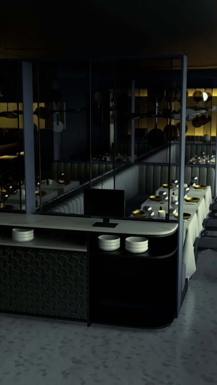 Elegant dining area with modern decor and unique lighting design