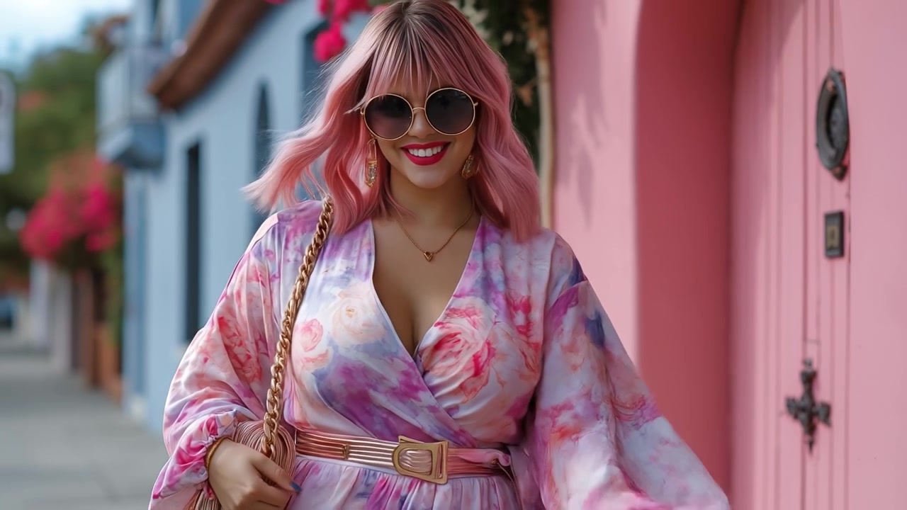 Elegant woman with pink hair walking on a street next to a pink wall