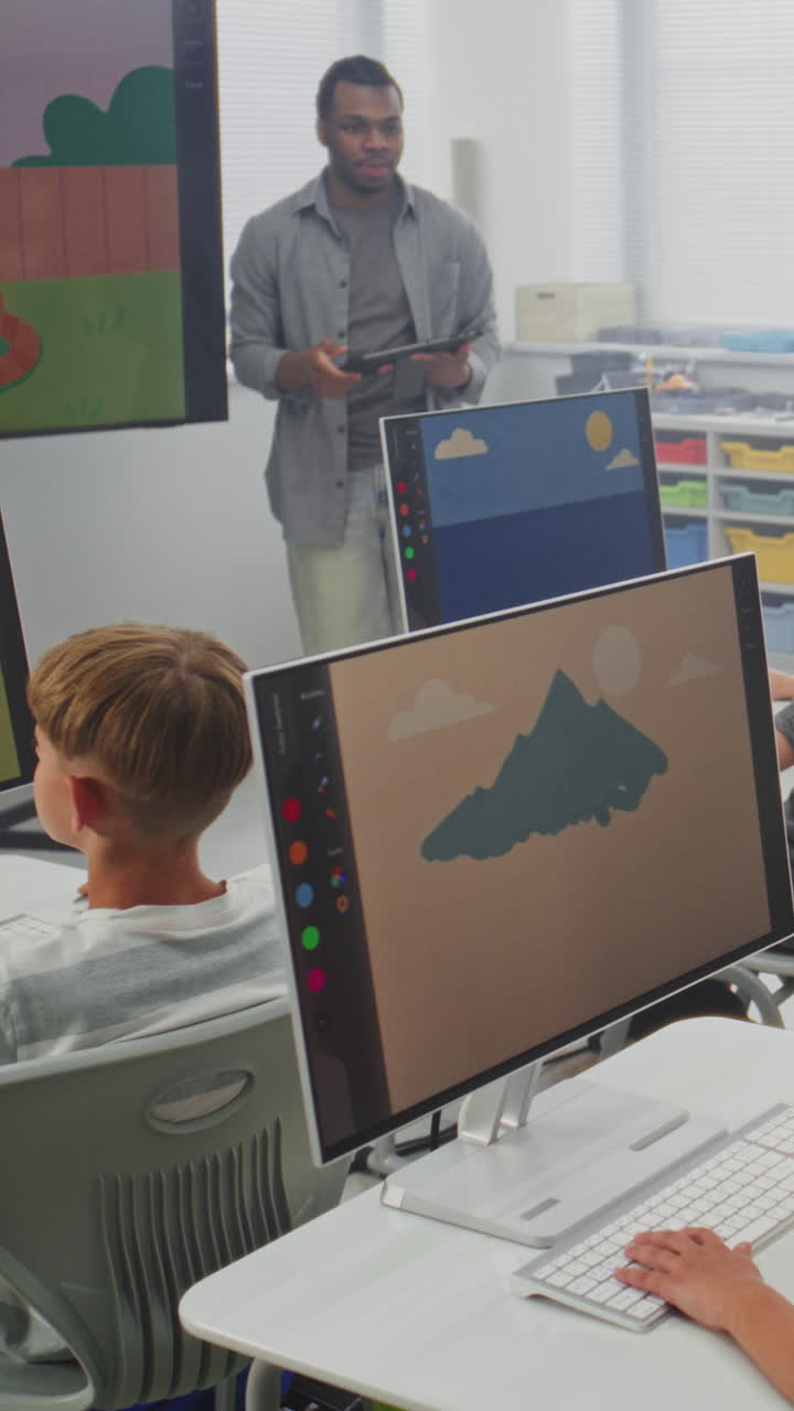Elementary School Children Using Computers Creating Illustrations in AI Image Generator