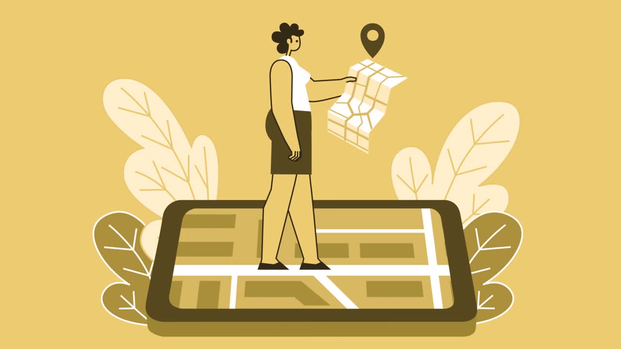 Yellow Style Woman Flat Character Walking on Smartphone with Online Map. Isolated Loop Animation with Alpha Channel