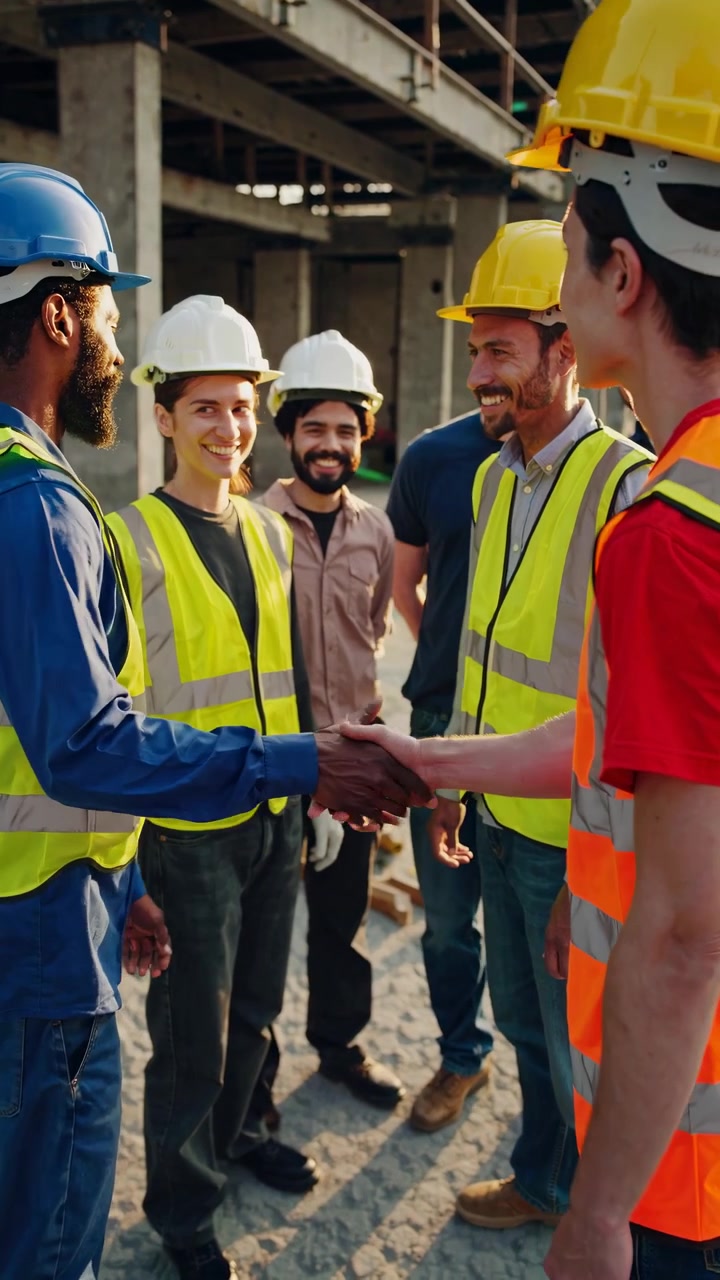 Diverse Construction Team Shaking Hands and Smiling at Job Site