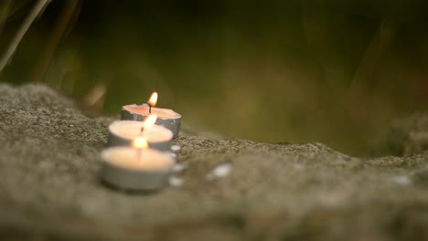 three tee light candles blowing on woodland rocks