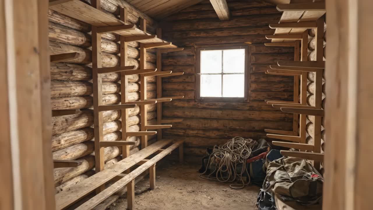 Interno rustico di baita in legno con finestra, panca e scaffali portaoggetti