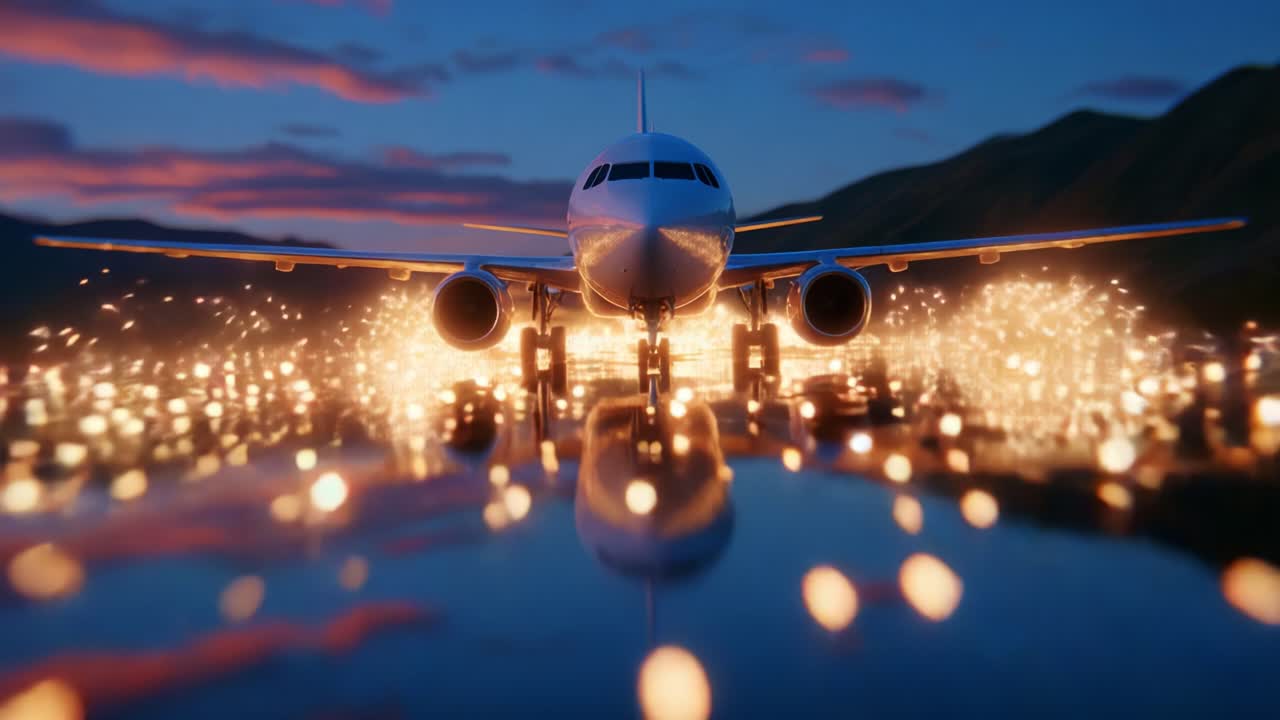 A Stunning Jet Aircraft Preparing for Takeoff Amidst a Burst of Sparks and Reflections on a Calm Surface During Twilight – A Captivating Display of Aviation and Natural Beauty