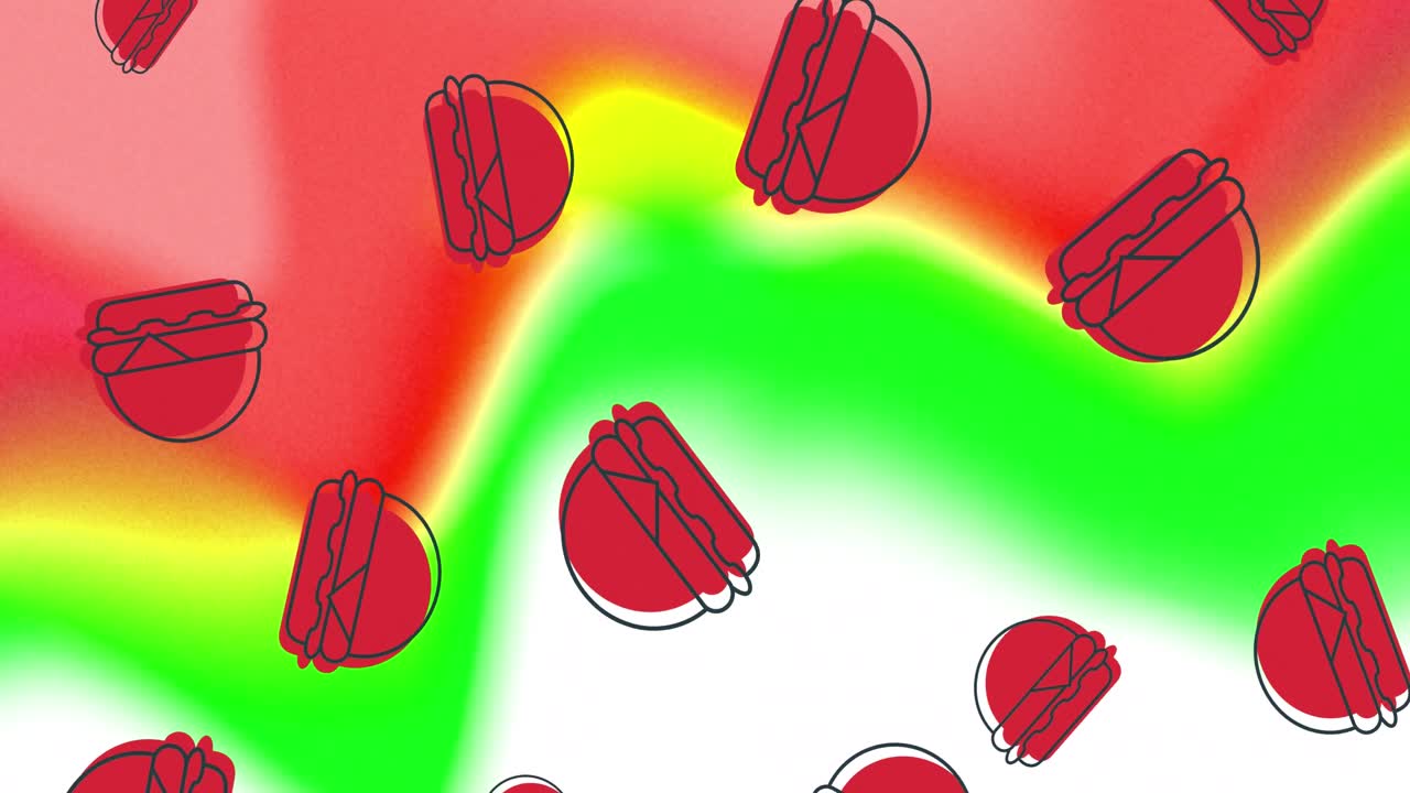 animación de hamburguesas rojas que caen sobre un fondo abstracto rojo, blanco y verde