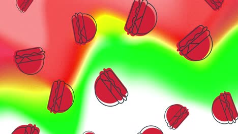 Animation-of-red-hamburgers-falling-on-abstract-red,-white-and-green-background