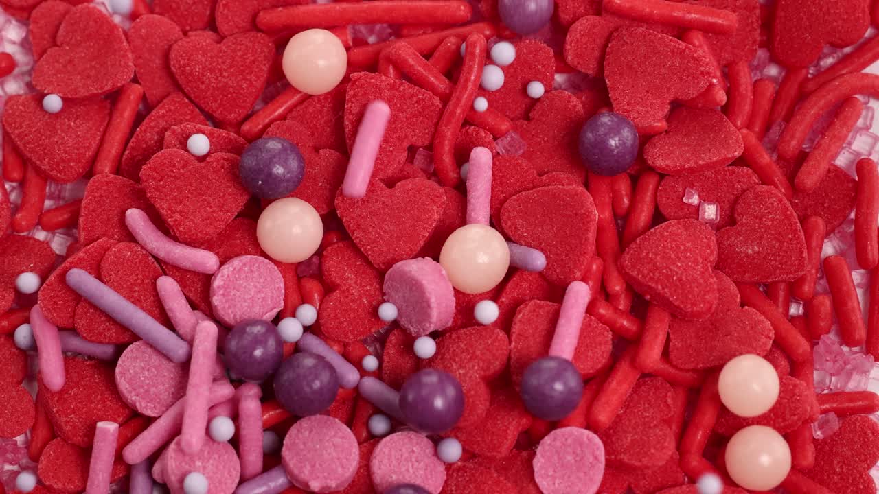 Vibrant candy sprinkles cascade onto a base of red heart-shaped candies, creating a lively and colorful composition