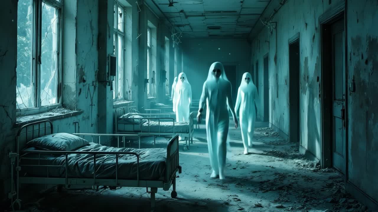 Ghostly Figures in an Abandoned Hospital Hallway